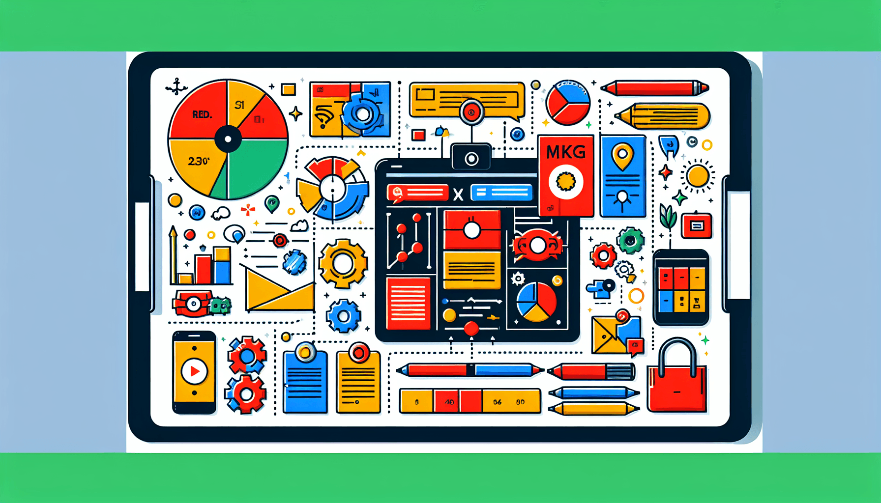 Marketing strategies -> Blueprint in flat illustration style and white background, red #f47574, green #88c7a8, yellow #fcc44b, and blue #645bc8 colors.