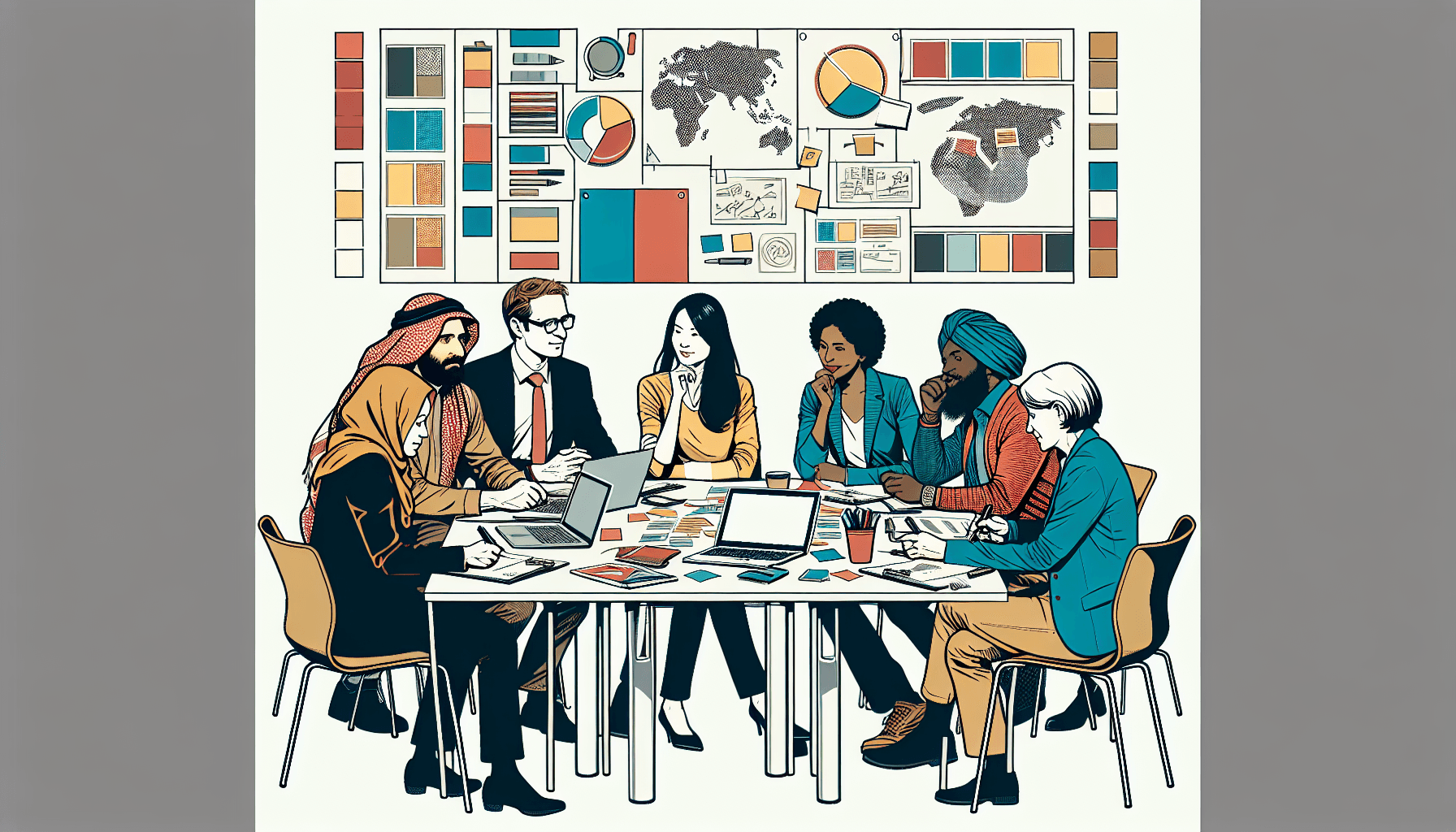 Brainstorming session in flat illustration style and white background, red #f47574, green #88c7a8, yellow #fcc44b, and blue #645bc8 colors.