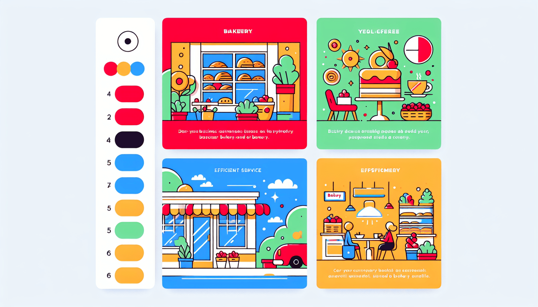 Panera Bread Business Advantages in flat illustration style and white background, red #f47574, green #88c7a8, yellow #fcc44b, and blue #645bc8 colors.