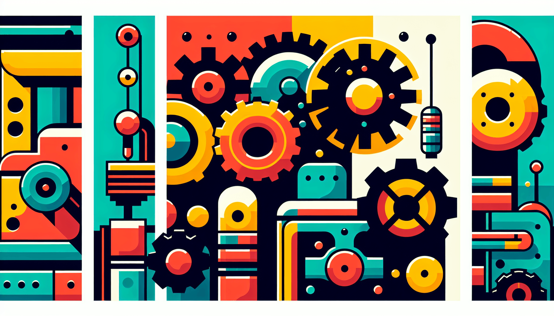 Automation gear in flat illustration style and white background, red #f47574, green #88c7a8, yellow #fcc44b, and blue #645bc8 colors.