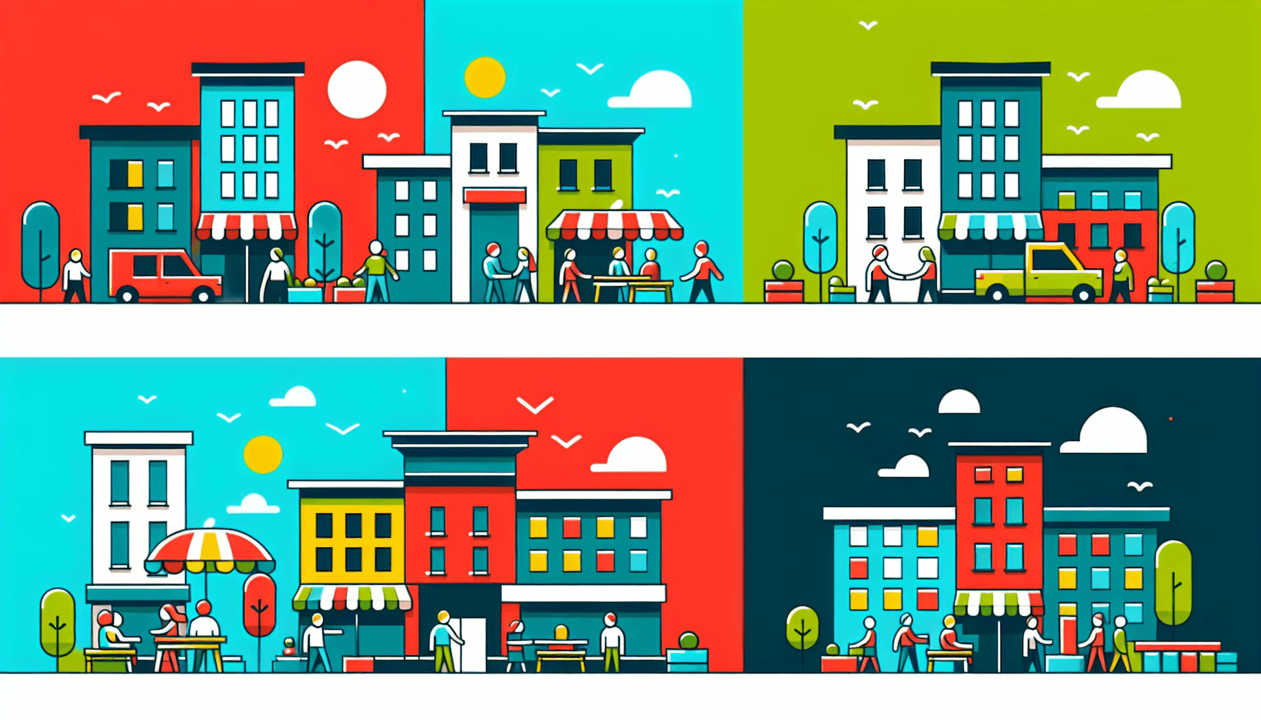 Company in flat illustration style and white background, red #f47574, green #88c7a8, yellow #fcc44b, and blue #645bc8 colors.