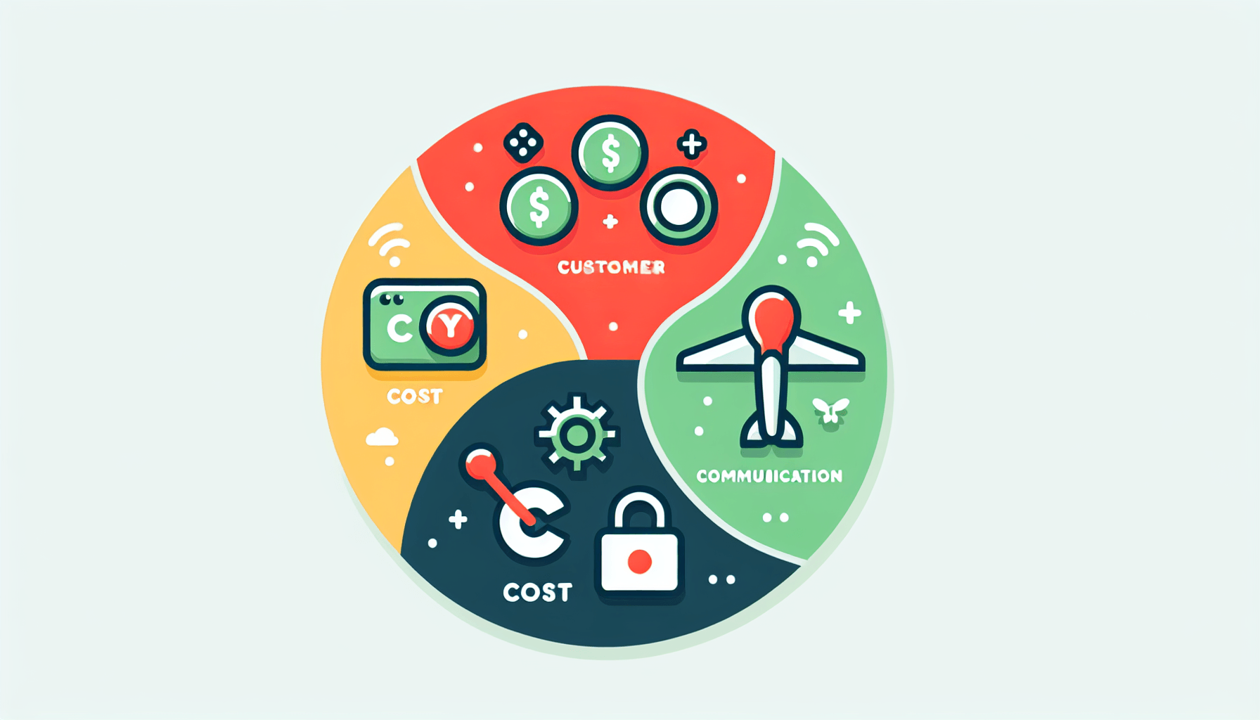 C's of marketing strategy -> Equation in flat illustration style and white background, red #f47574, green #88c7a8, yellow #fcc44b, and blue #645bc8 colors.