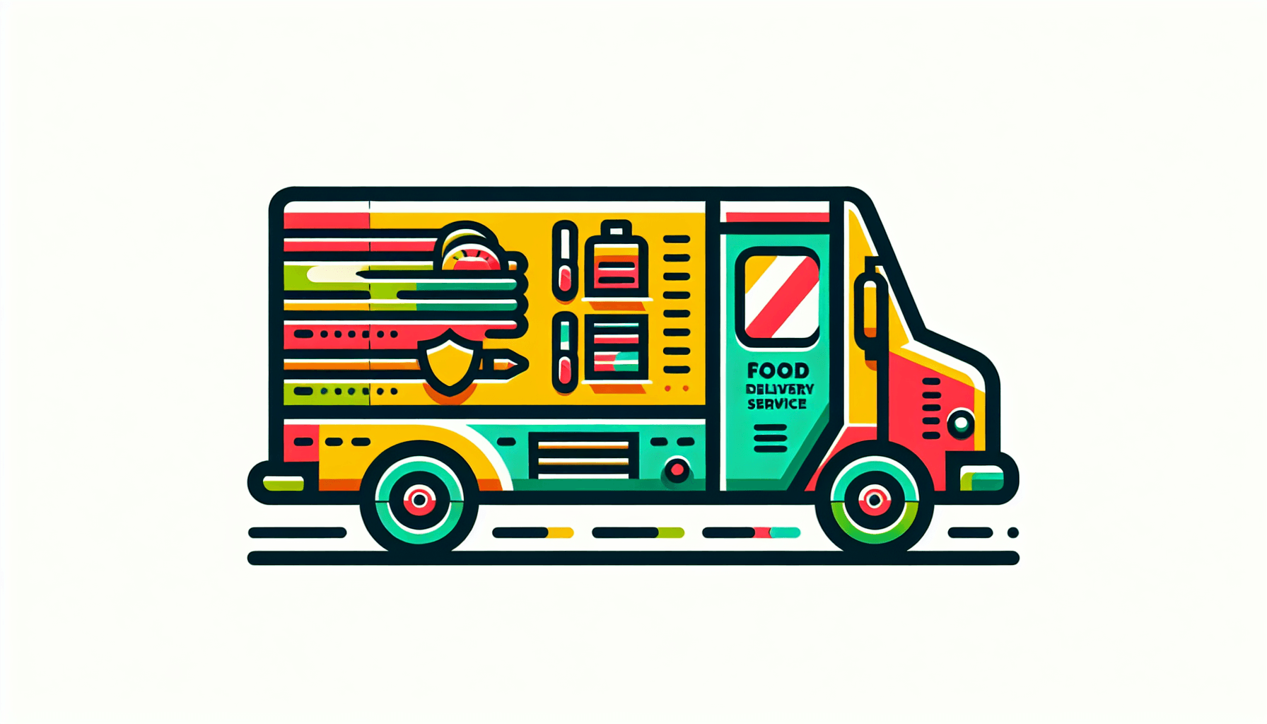 Food delivery -> Delivery truck in flat illustration style and white background, red #f47574, green #88c7a8, yellow #fcc44b, and blue #645bc8 colors.