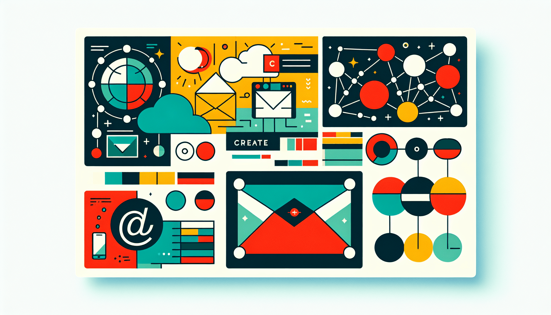 Email Marketing -> Postcard in flat illustration style and white background, red #f47574, green #88c7a8, yellow #fcc44b, and blue #645bc8 colors.