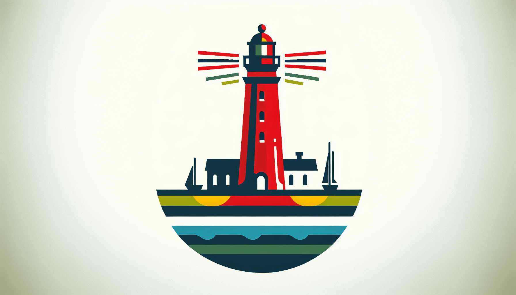 Lighthouse in flat illustration style and white background, red #f47574, green #88c7a8, yellow #fcc44b, and blue #645bc8 colors.