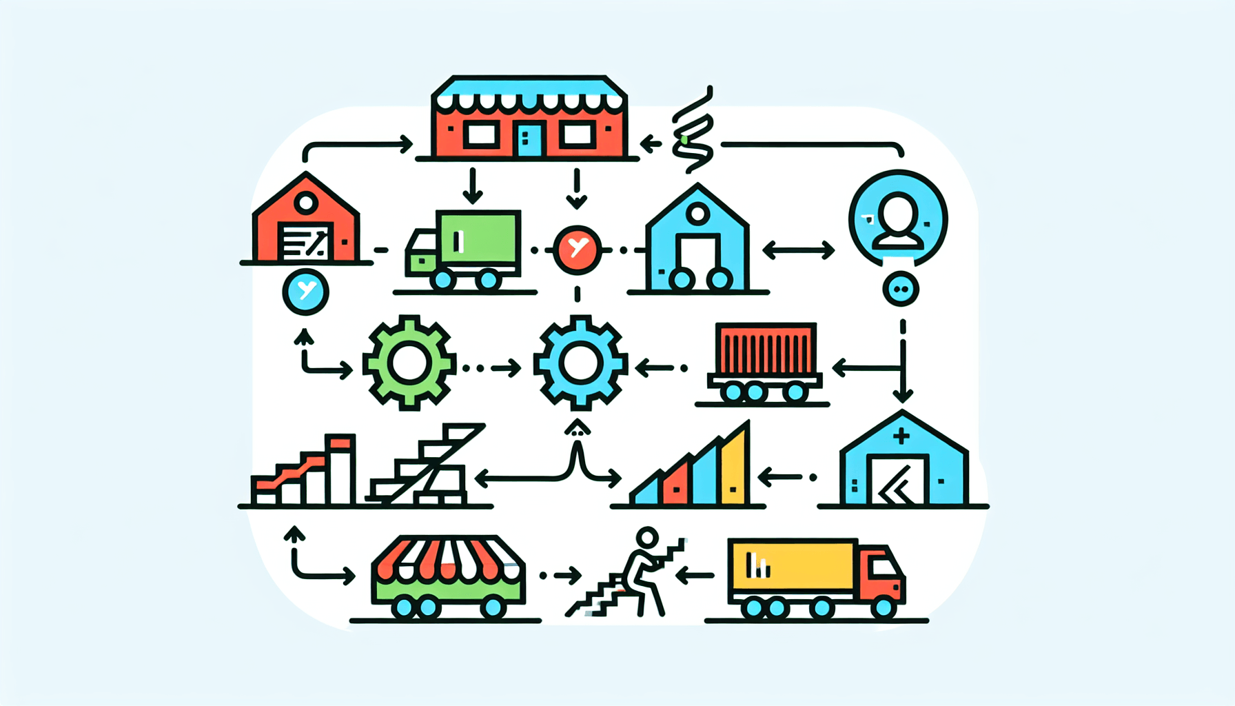Operations Management example -> Supply chain in flat illustration style and white background, red #f47574, green #88c7a8, yellow #fcc44b, and blue #645bc8 colors.