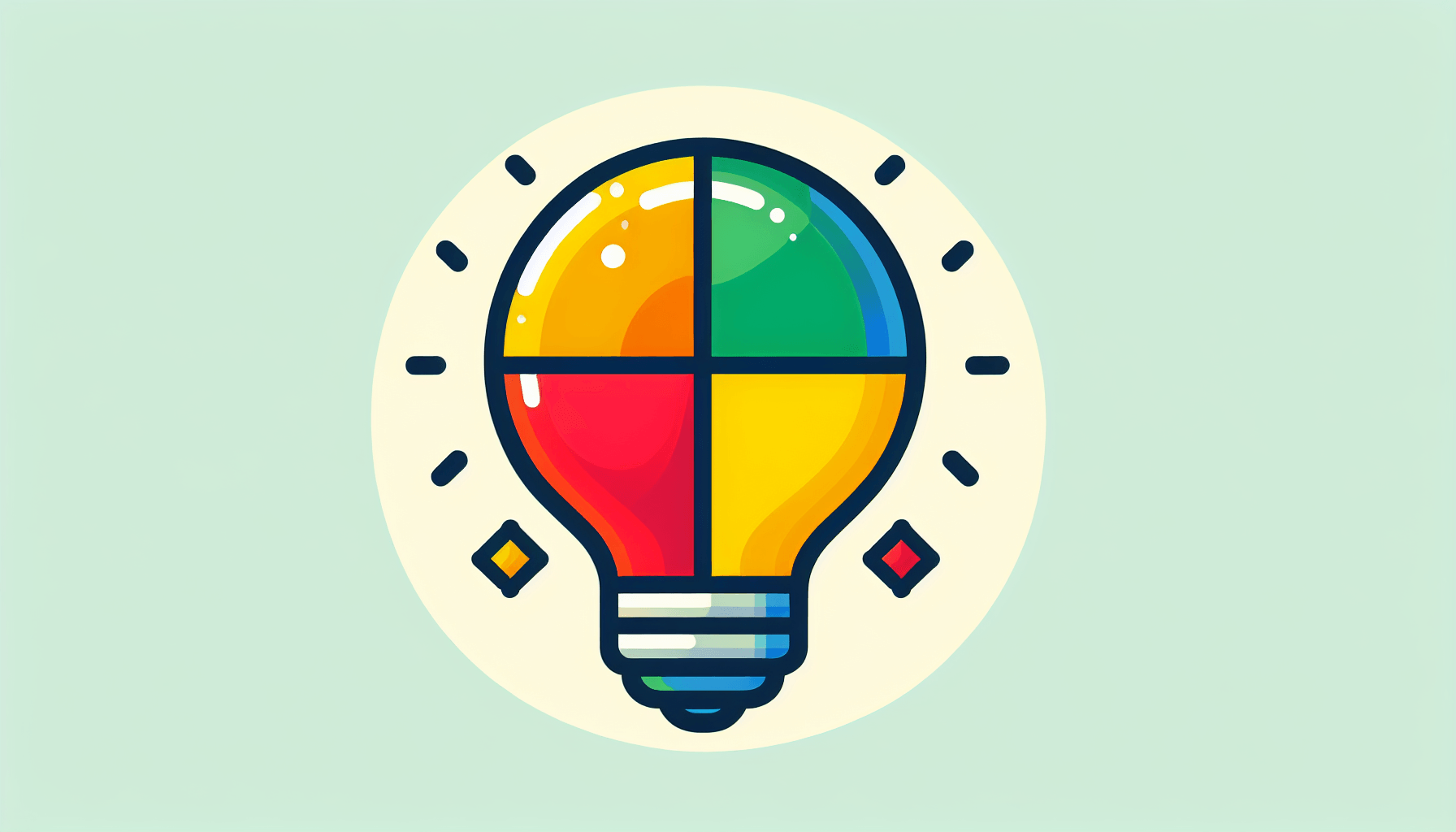 Light bulb in flat illustration style and white background, red #f47574, green #88c7a8, yellow #fcc44b, and blue #645bc8 colors.