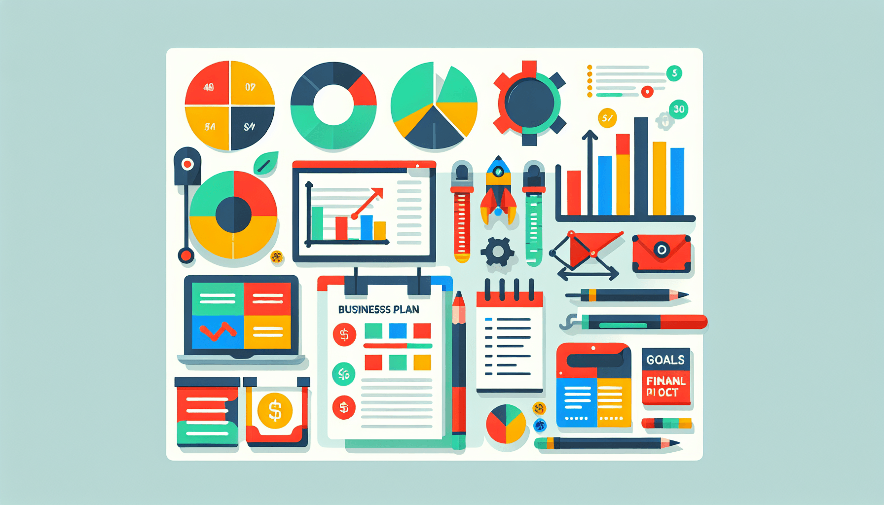 Business plan in flat illustration style and white background, red #f47574, green #88c7a8, yellow #fcc44b, and blue #645bc8 colors.