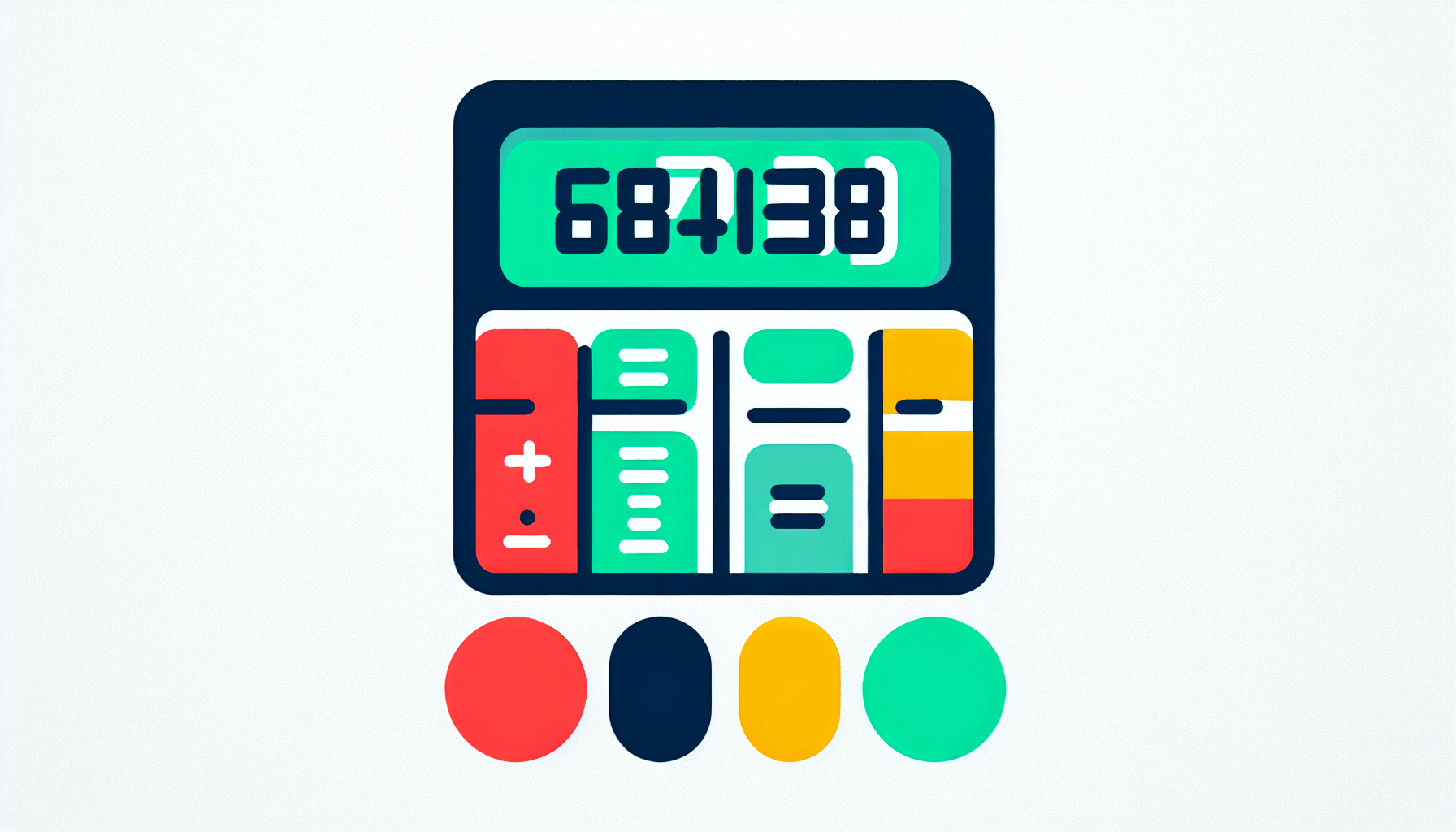 Calculator in flat illustration style and white background, red #f47574, green #88c7a8, yellow #fcc44b, and blue #645bc8 colors.