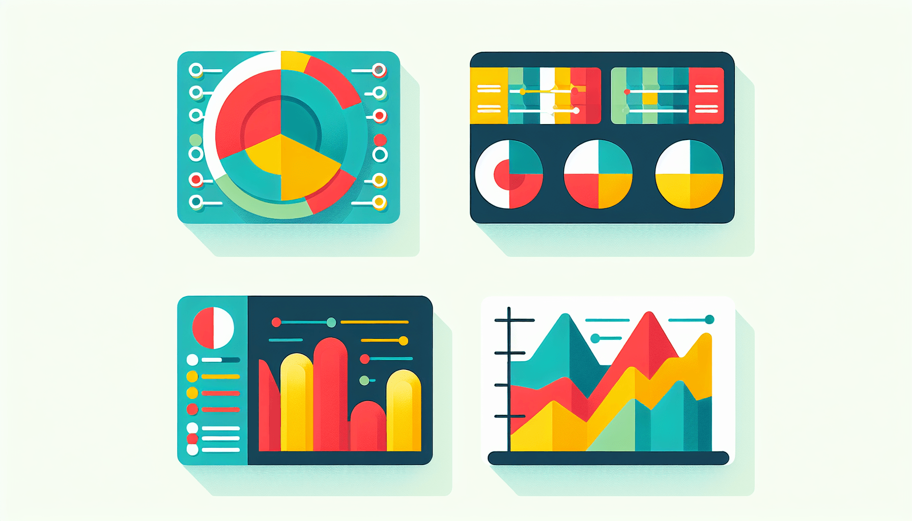 Data dashboard in flat illustration style and white background, red #f47574, green #88c7a8, yellow #fcc44b, and blue #645bc8 colors.