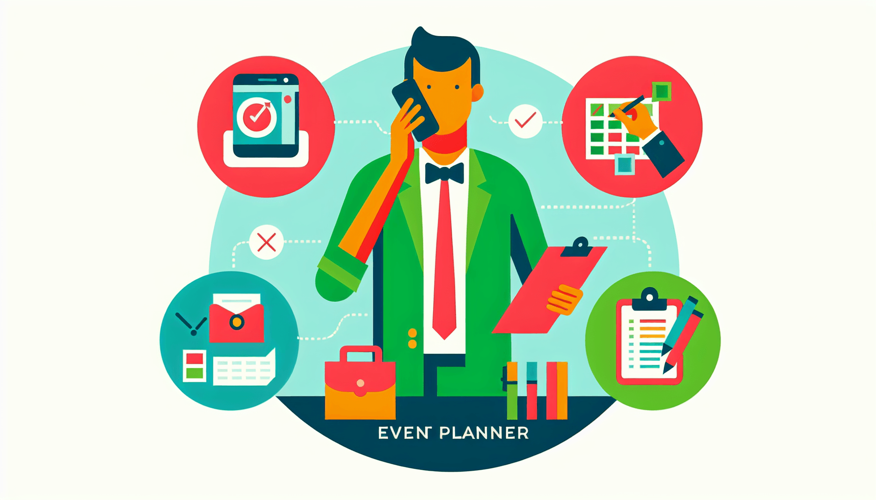 Event planner in flat illustration style and white background, red #f47574, green #88c7a8, yellow #fcc44b, and blue #645bc8 colors.