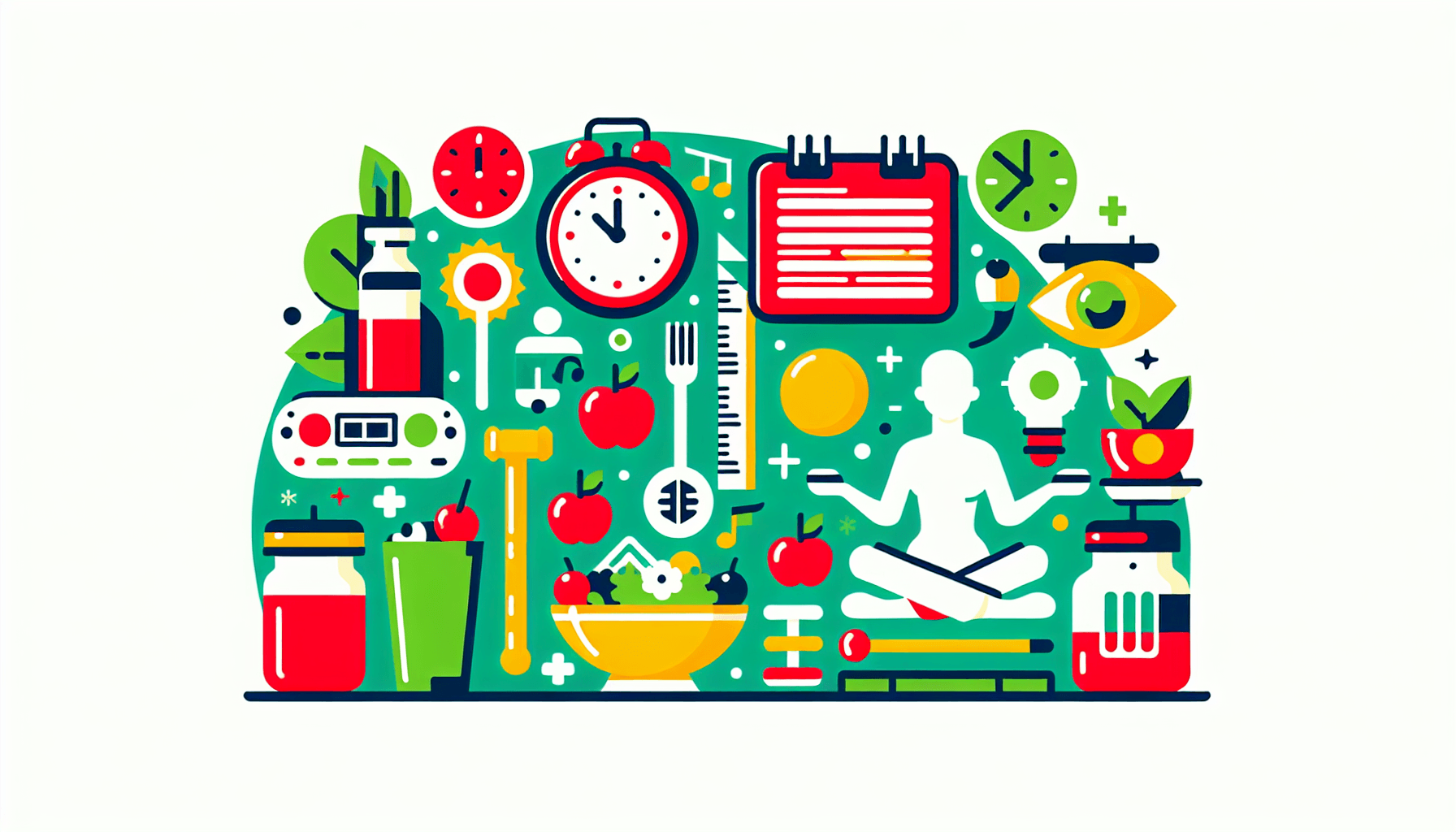 Healthy lifestyle in flat illustration style and white background, red #f47574, green #88c7a8, yellow #fcc44b, and blue #645bc8 colors.