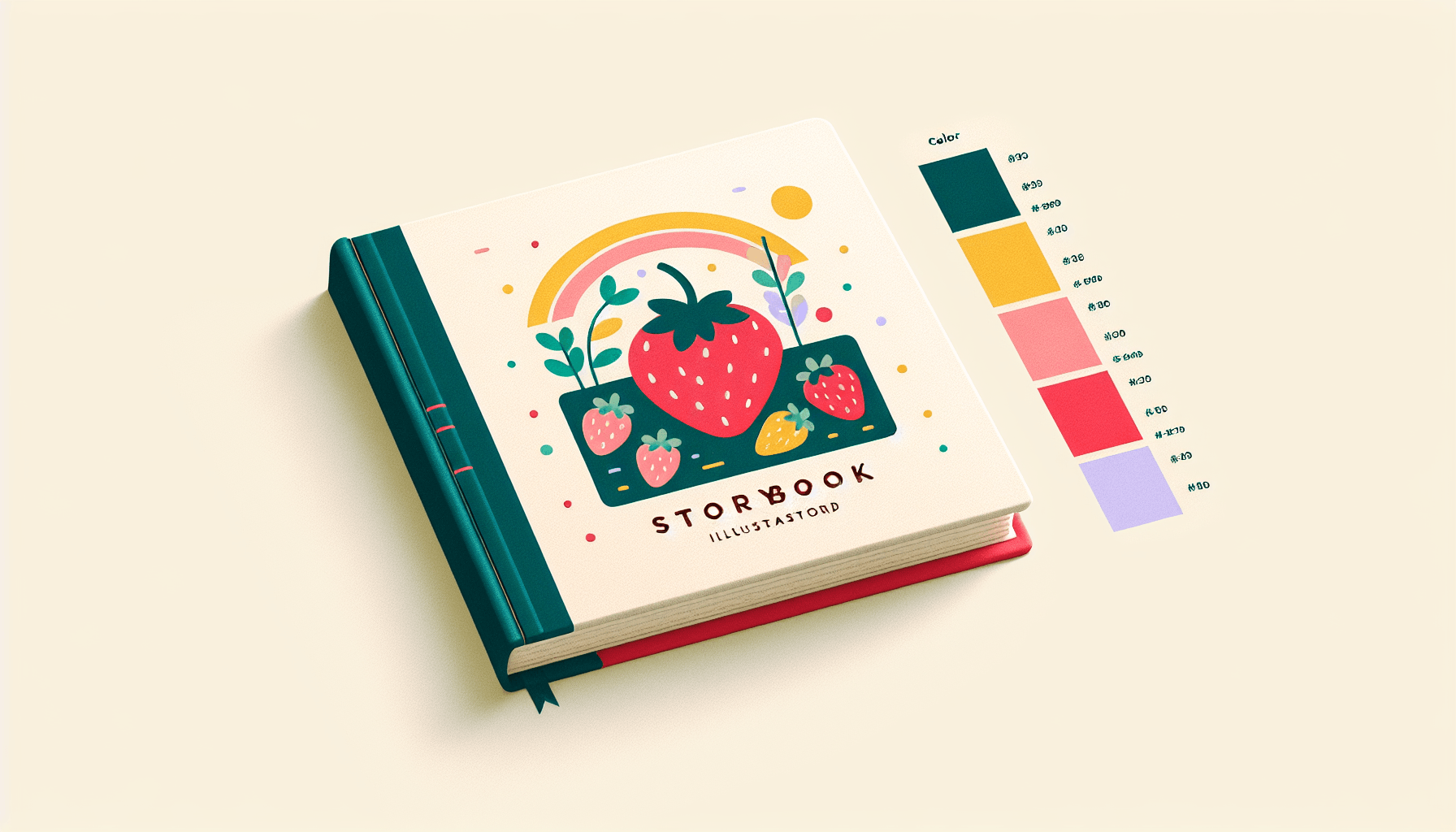 Content Marketing -> Storybook in flat illustration style and white background, red #f47574, green #88c7a8, yellow #fcc44b, and blue #645bc8 colors.