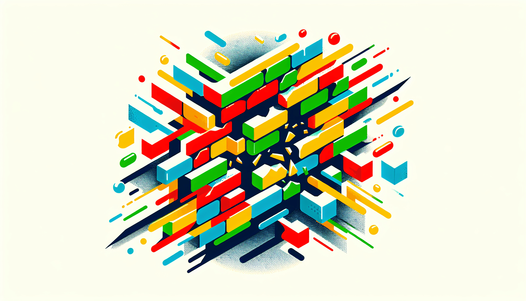 Breakthrough wall in flat illustration style and white background, red #f47574, green #88c7a8, yellow #fcc44b, and blue #645bc8 colors.