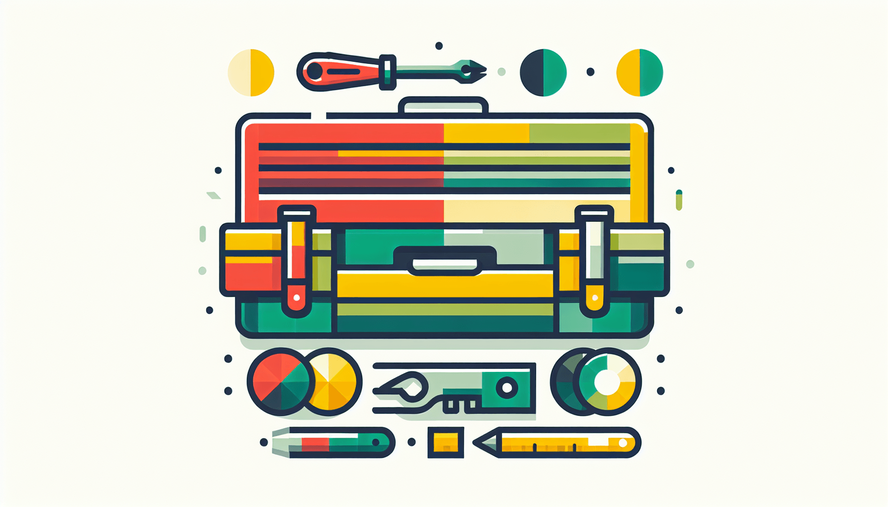 Toolbox in flat illustration style and white background, red #f47574, green #88c7a8, yellow #fcc44b, and blue #645bc8 colors.