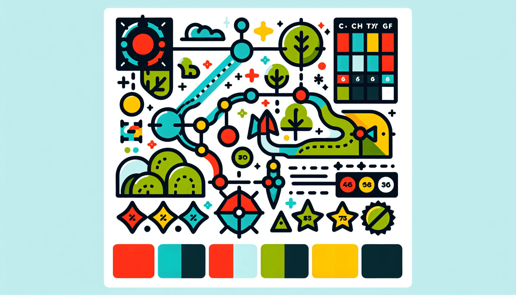 Strategy map in flat illustration style and white background, red #f47574, green #88c7a8, yellow #fcc44b, and blue #645bc8 colors.