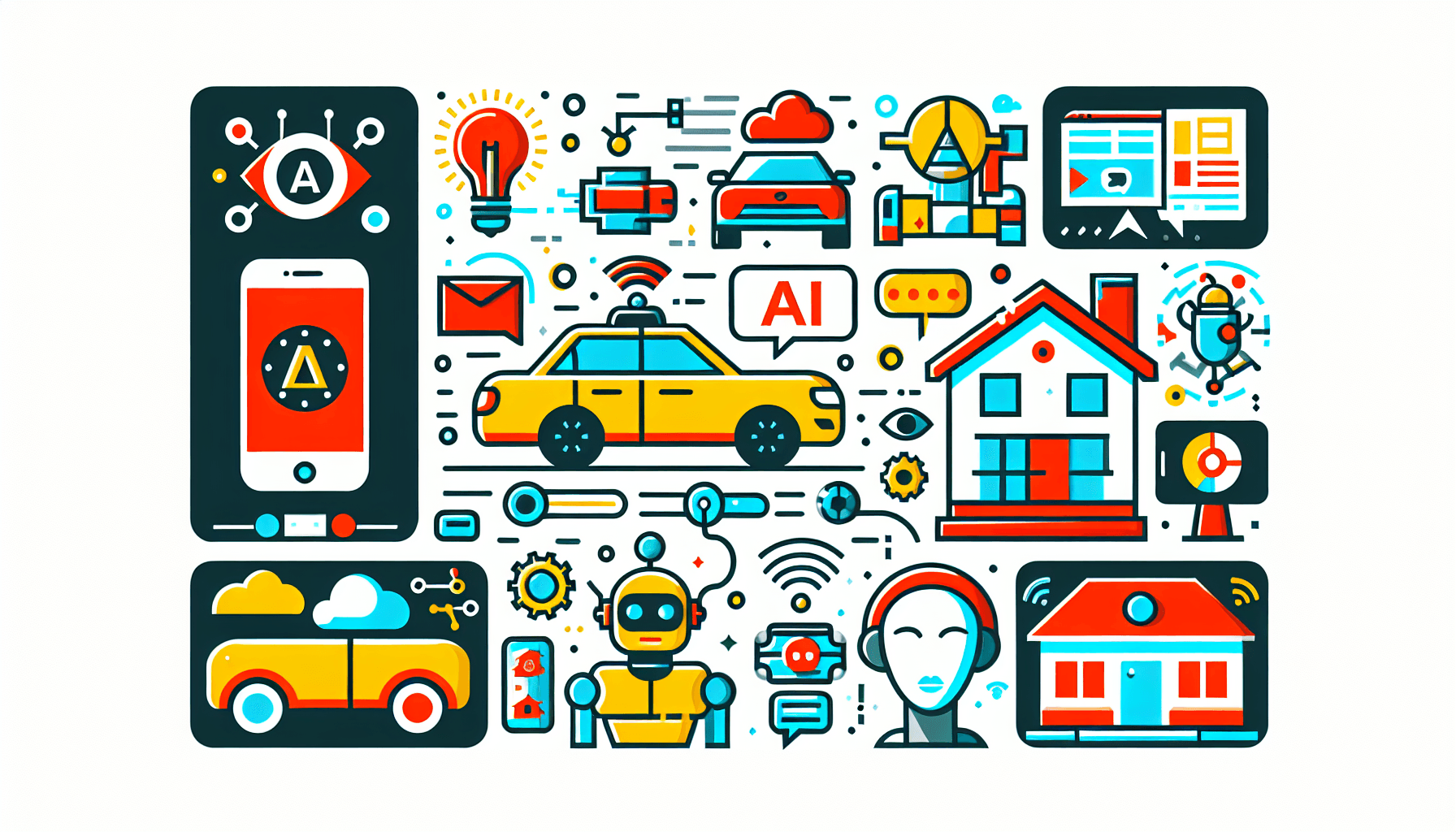 What are examples of AI? in flat illustration style and white background, red #f47574, green #88c7a8, yellow #fcc44b, and blue #645bc8 colors.