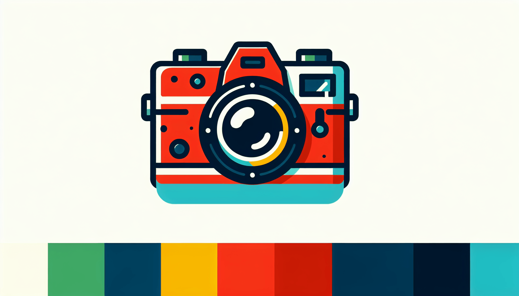 Camera in flat illustration style and white background, red #f47574, green #88c7a8, yellow #fcc44b, and blue #645bc8 colors.