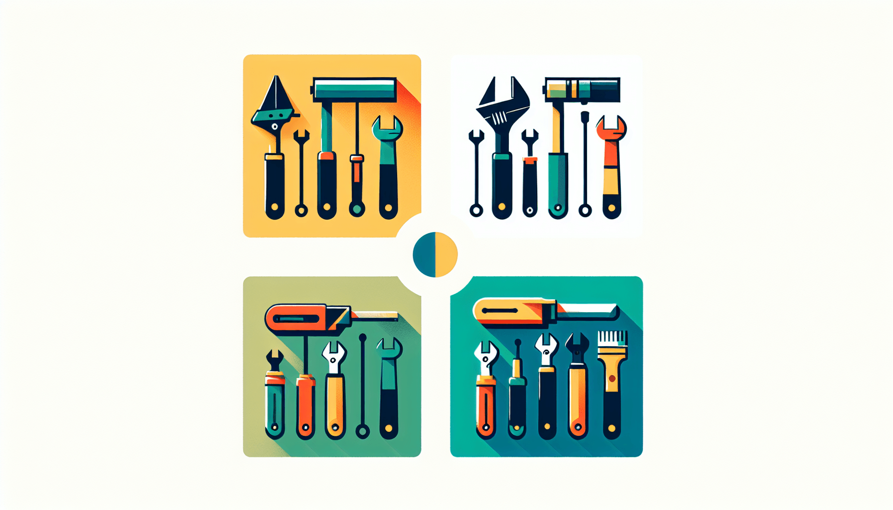 Tools in flat illustration style and white background, red #f47574, green #88c7a8, yellow #fcc44b, and blue #645bc8 colors.