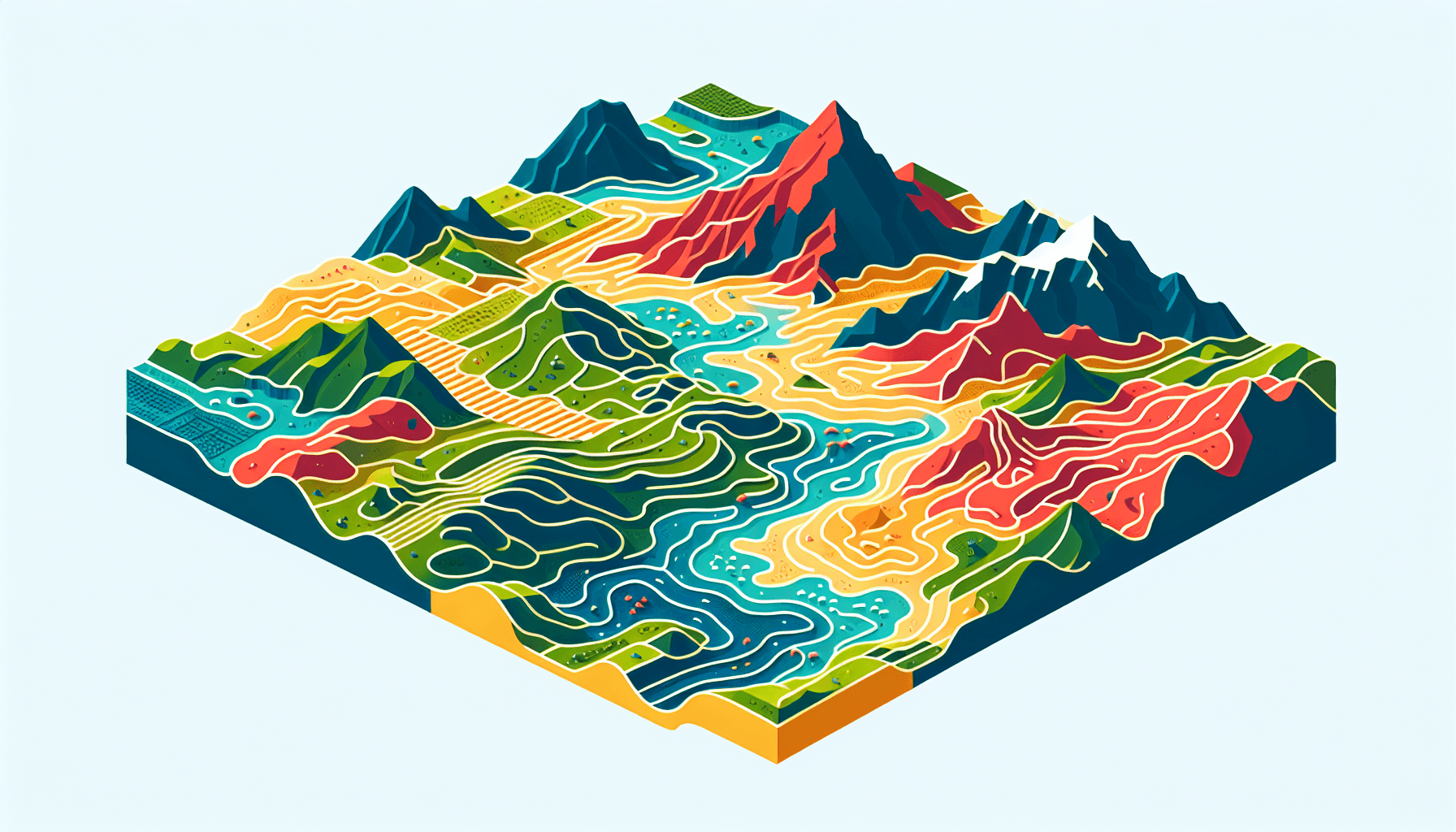 Digital landscape -> Terrain map in flat illustration style and white background, red #f47574, green #88c7a8, yellow #fcc44b, and blue #645bc8 colors.