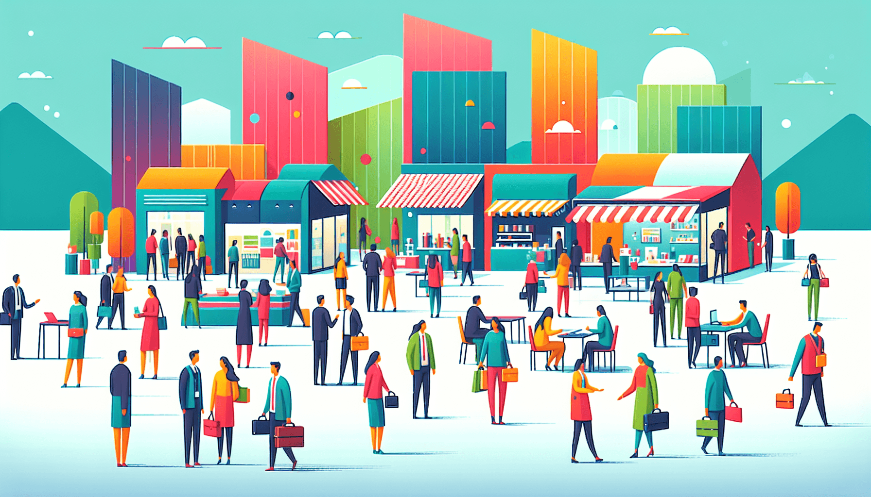 Business markets -> Trade show in flat illustration style and white background, red #f47574, green #88c7a8, yellow #fcc44b, and blue #645bc8 colors.