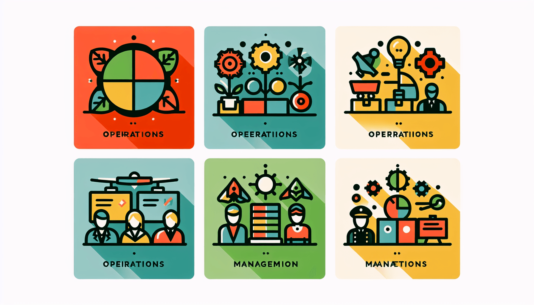 Operations Management types -> Process categories in flat illustration style and white background, red #f47574, green #88c7a8, yellow #fcc44b, and blue #645bc8 colors.