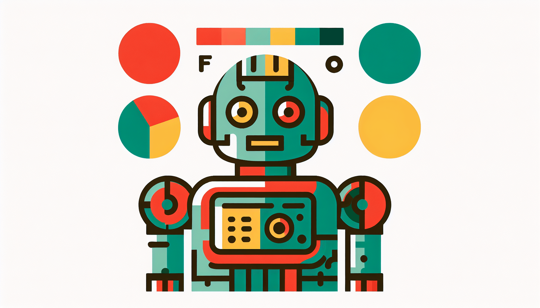 Robot in flat illustration style and white background, red #f47574, green #88c7a8, yellow #fcc44b, and blue #645bc8 colors.