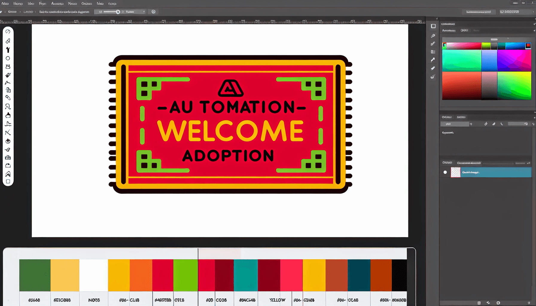 AI Automation Adoption -> Welcome mat in flat illustration style and white background, red #f47574, green #88c7a8, yellow #fcc44b, and blue #645bc8 colors.