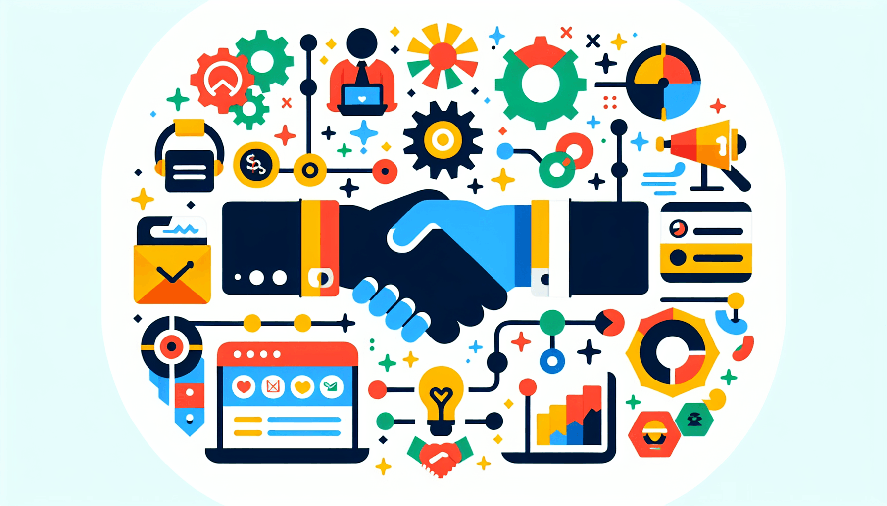 Marketing Strategies for Affiliates in flat illustration style and white background, red #f47574, green #88c7a8, yellow #fcc44b, and blue #645bc8 colors.