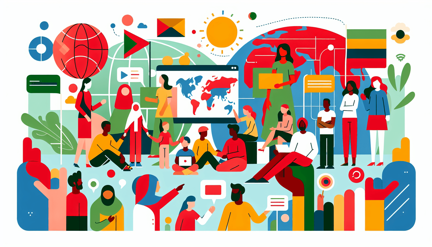 Storytelling in flat illustration style and white background, red #f47574, green #88c7a8, yellow #fcc44b, and blue #645bc8 colors.