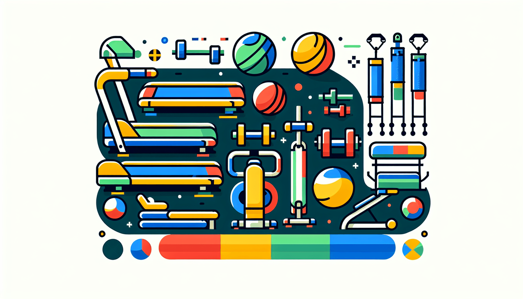 Gym equipment in flat illustration style and white background, red #f47574, green #88c7a8, yellow #fcc44b, and blue #645bc8 colors.