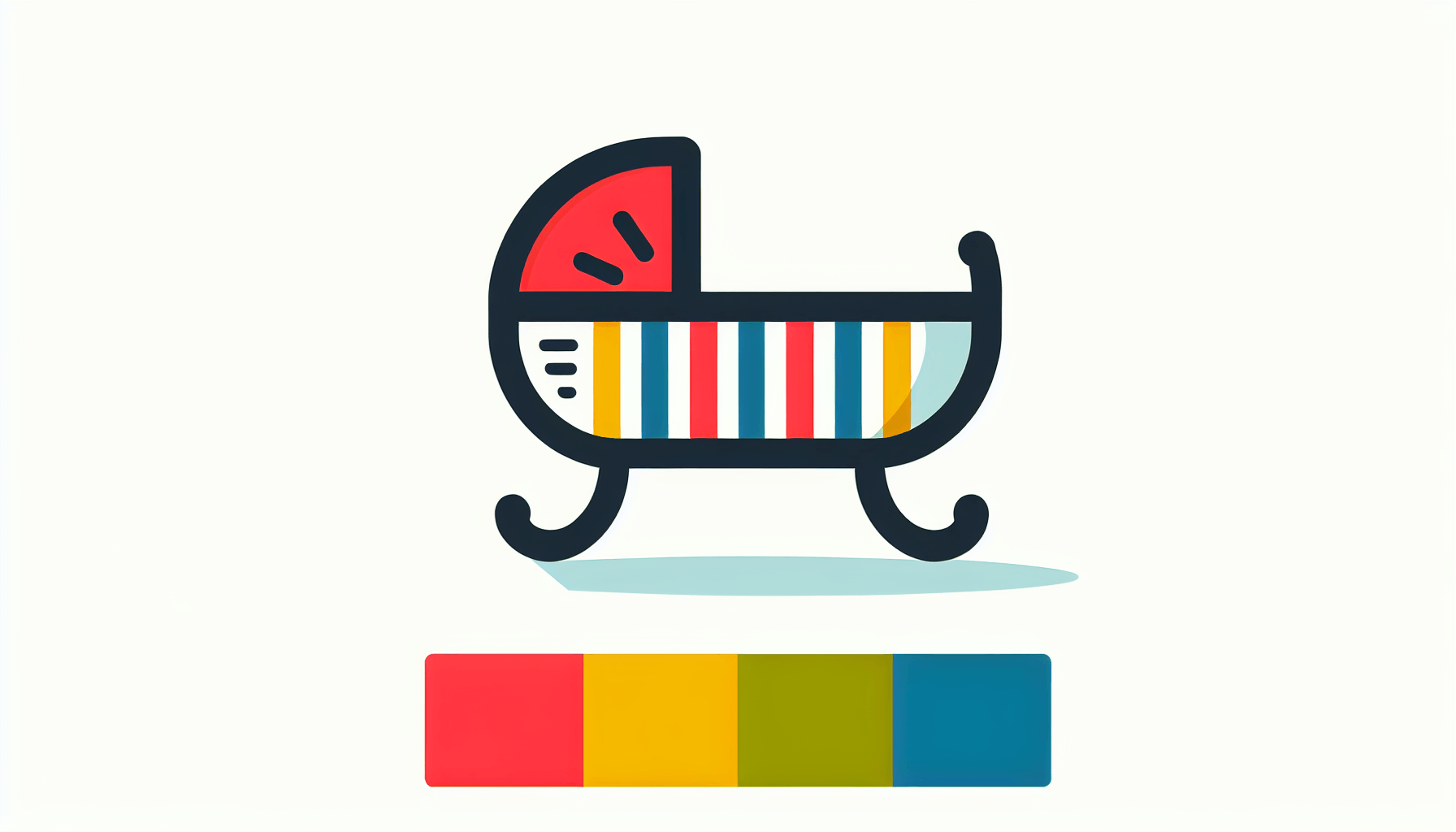 Childcare -> Cradle in flat illustration style and white background, red #f47574, green #88c7a8, yellow #fcc44b, and blue #645bc8 colors.