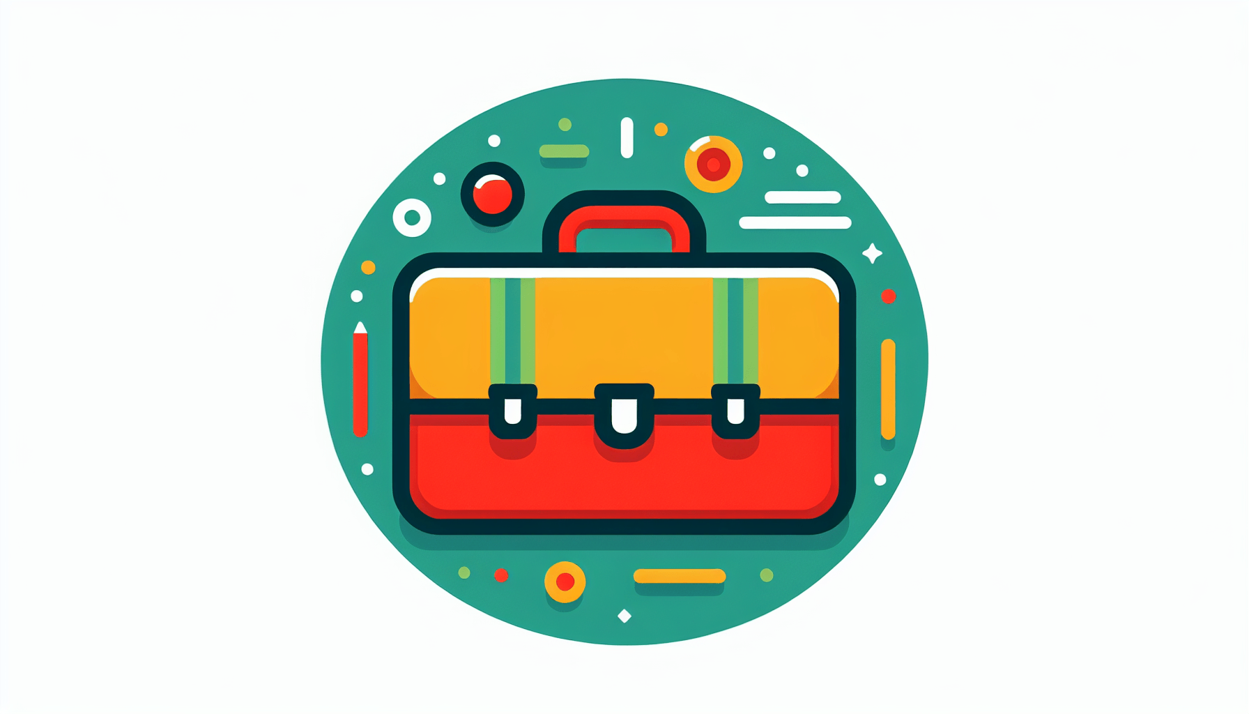 Business consulting -> Briefcase in flat illustration style and white background, red #f47574, green #88c7a8, yellow #fcc44b, and blue #645bc8 colors.