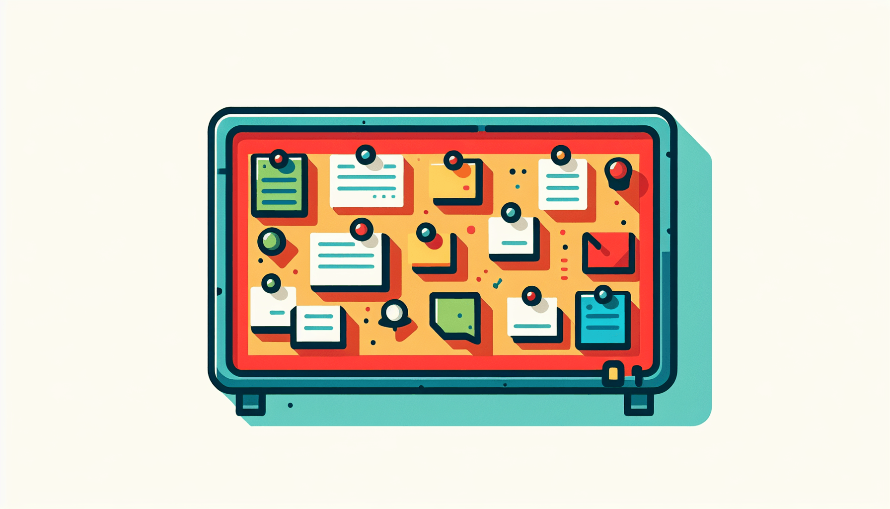 Bulletin board in flat illustration style and white background, red #f47574, green #88c7a8, yellow #fcc44b, and blue #645bc8 colors.