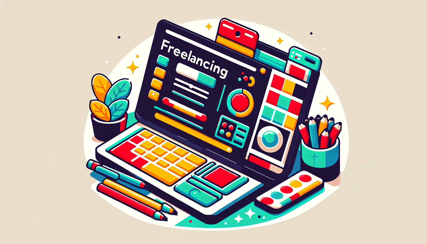 Freelance opportunities -> Laptop in flat illustration style and white background, red #f47574, green #88c7a8, yellow #fcc44b, and blue #645bc8 colors.
