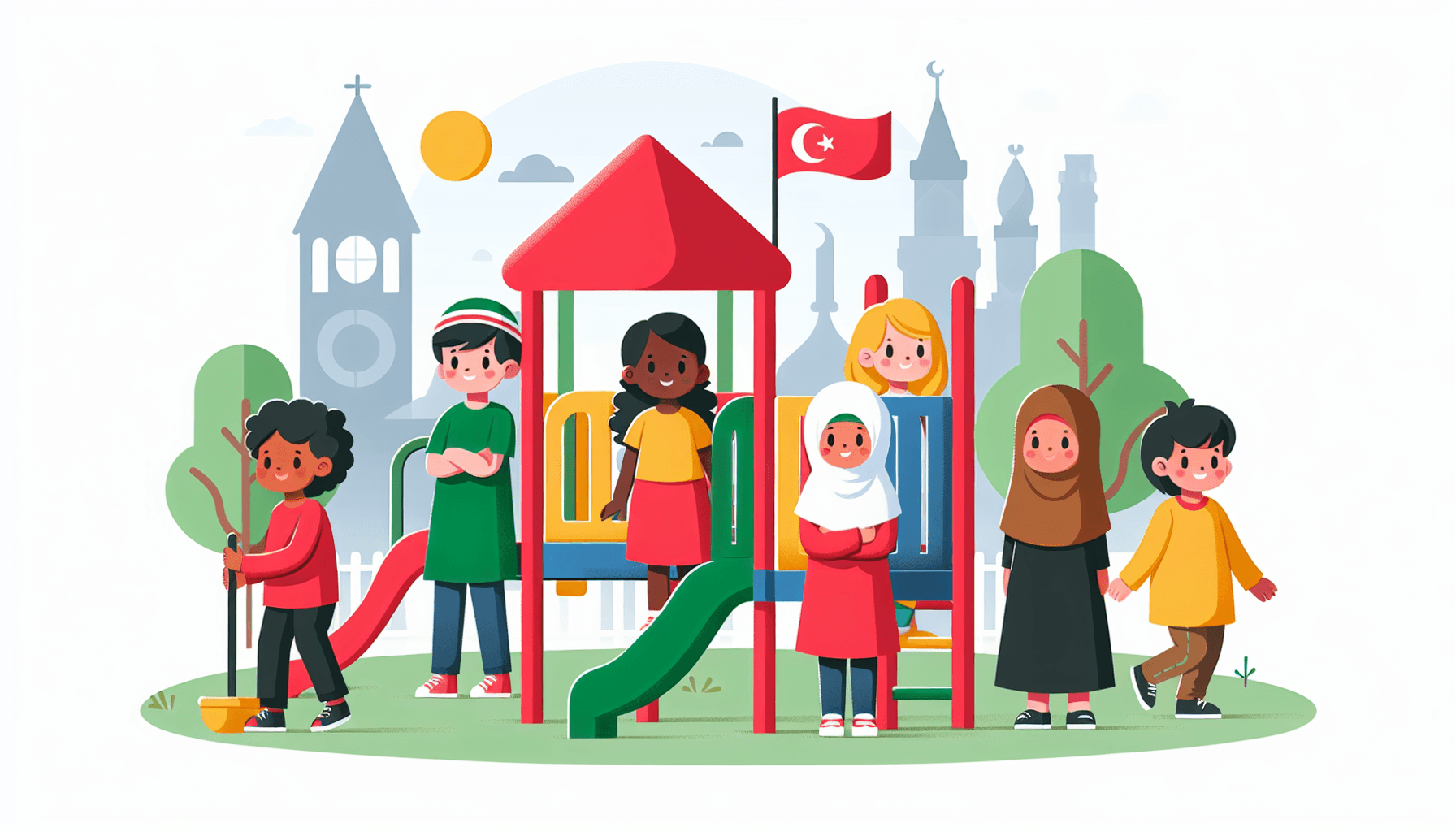 Kids -> Playground in flat illustration style and white background, red #f47574, green #88c7a8, yellow #fcc44b, and blue #645bc8 colors.