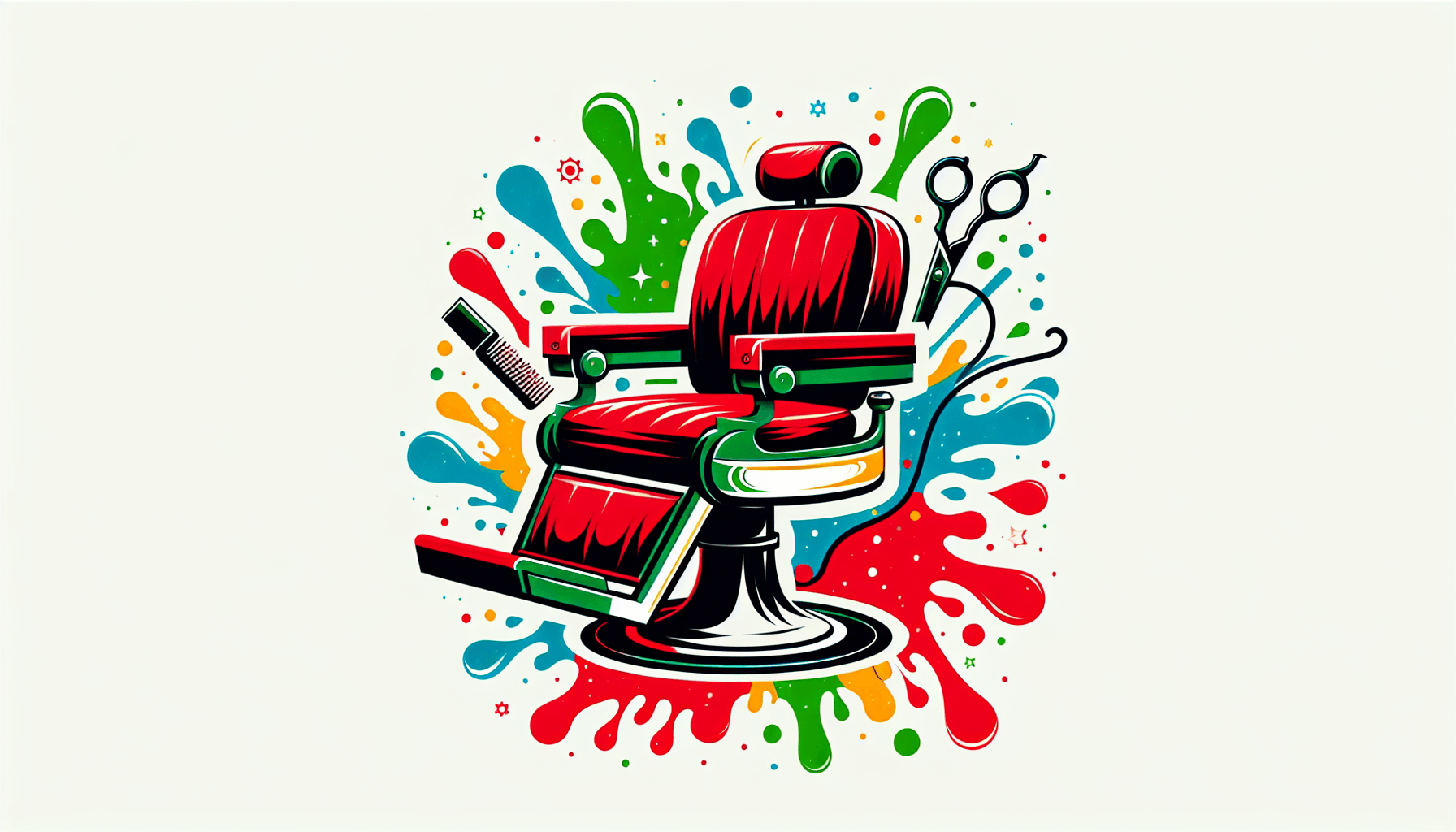 Barbershop concepts -> Barber chair in flat illustration style and white background, red #f47574, green #88c7a8, yellow #fcc44b, and blue #645bc8 colors.