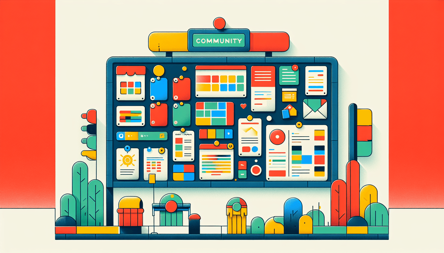 Community board in flat illustration style and white background, red #f47574, green #88c7a8, yellow #fcc44b, and blue #645bc8 colors.