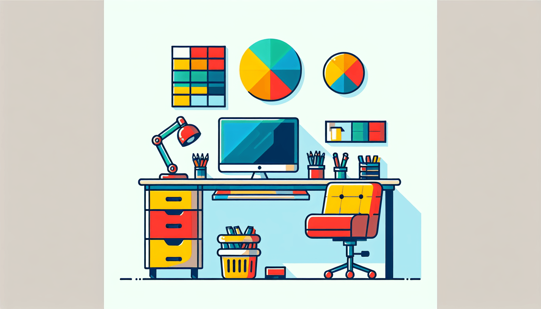 Workspace in flat illustration style and white background, red #f47574, green #88c7a8, yellow #fcc44b, and blue #645bc8 colors.