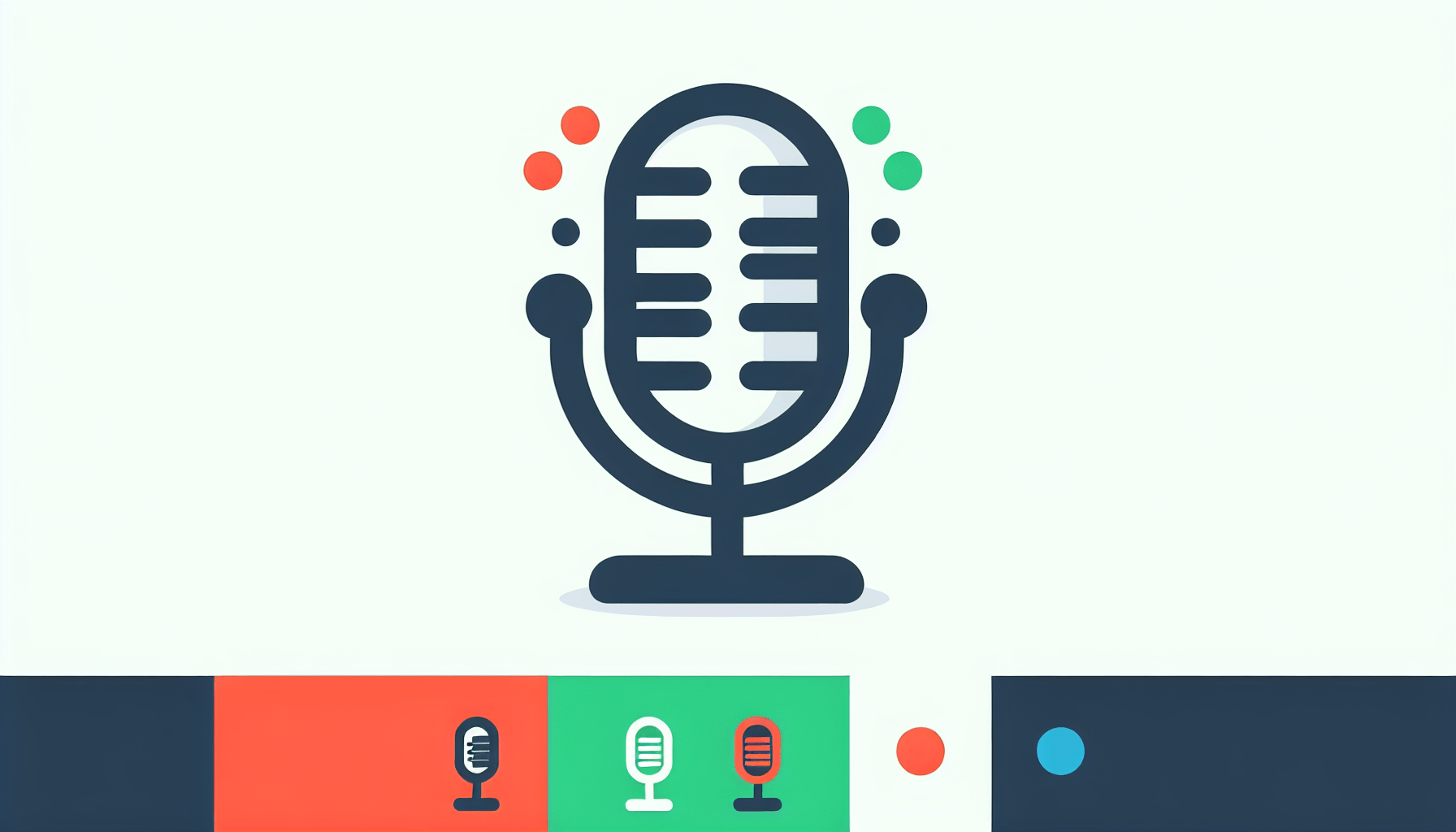 Influencer -> Microphone in flat illustration style and white background, red #f47574, green #88c7a8, yellow #fcc44b, and blue #645bc8 colors.