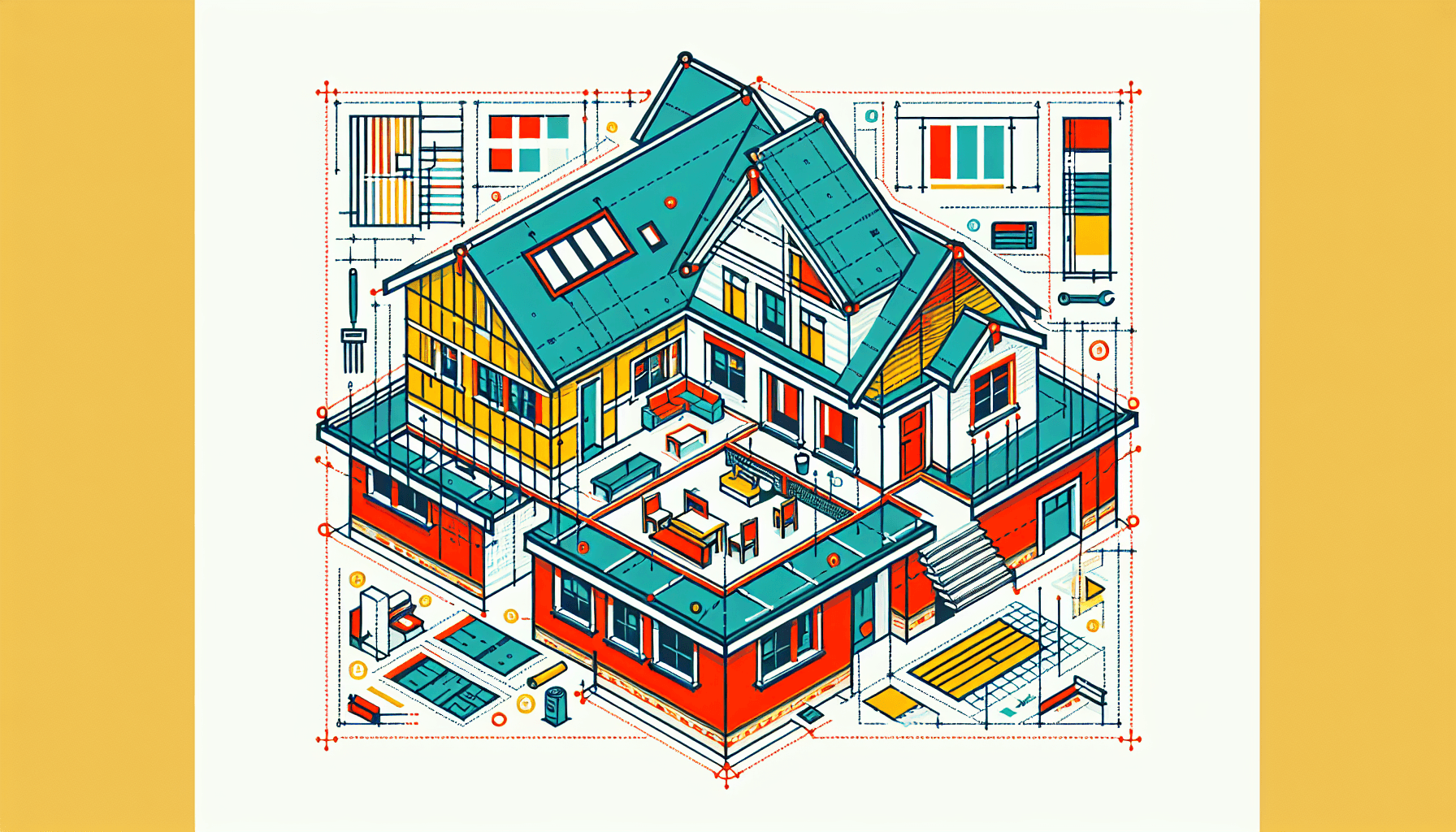 Home startups -> House blueprint in flat illustration style and white background, red #f47574, green #88c7a8, yellow #fcc44b, and blue #645bc8 colors.