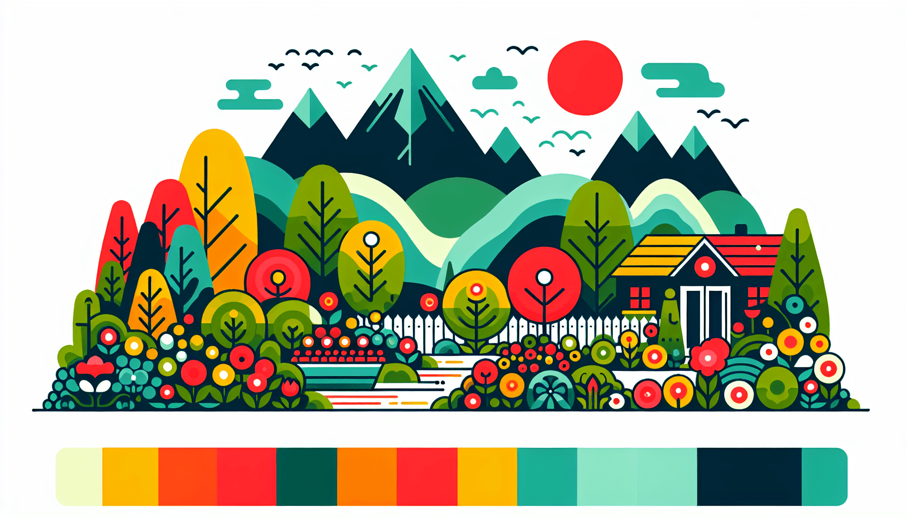Horticulture -> Garden in flat illustration style and white background, red #f47574, green #88c7a8, yellow #fcc44b, and blue #645bc8 colors.