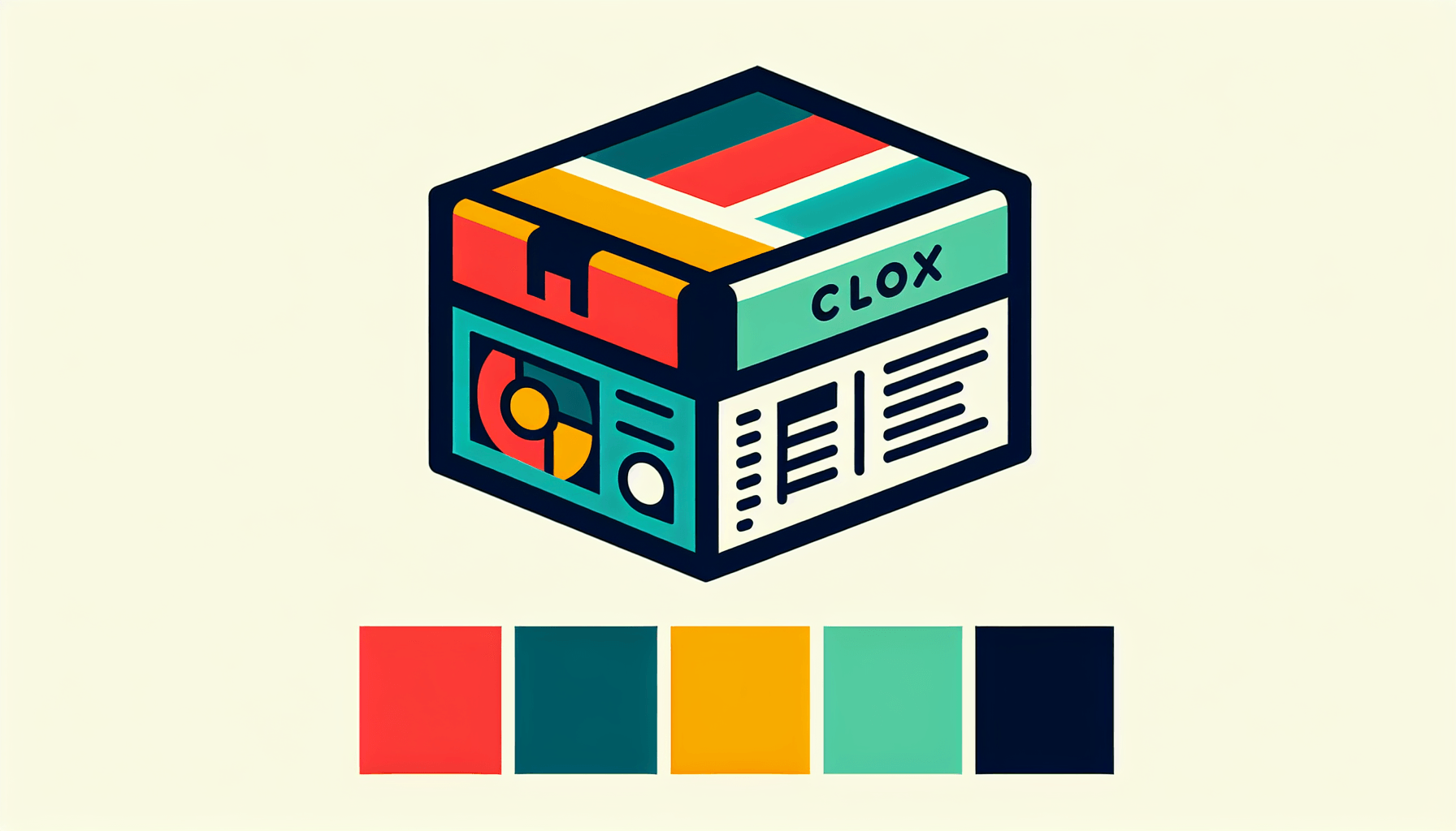 Packaging solutions -> Box in flat illustration style and white background, red #f47574, green #88c7a8, yellow #fcc44b, and blue #645bc8 colors.