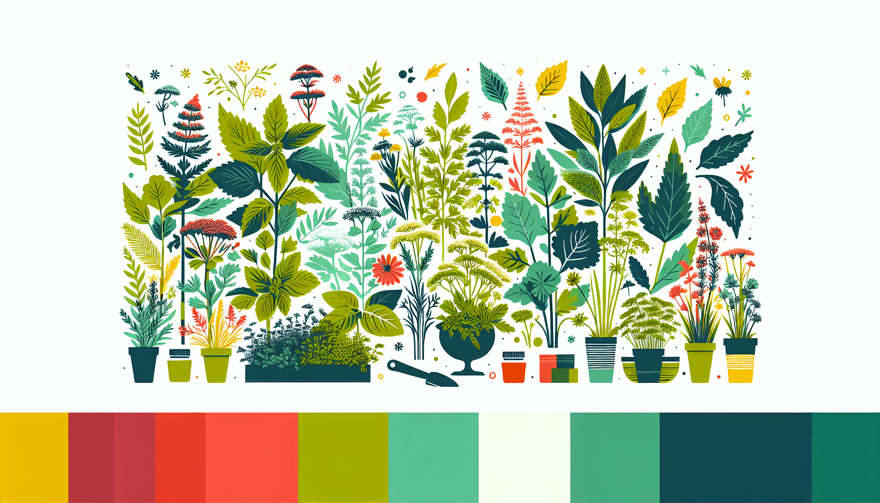 Natural products -> Herb garden in flat illustration style and white background, red #f47574, green #88c7a8, yellow #fcc44b, and blue #645bc8 colors.