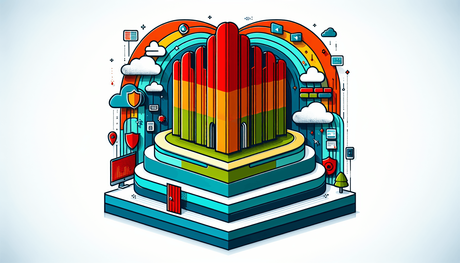 Cybersecurity -> Firewall in flat illustration style and white background, red #f47574, green #88c7a8, yellow #fcc44b, and blue #645bc8 colors.