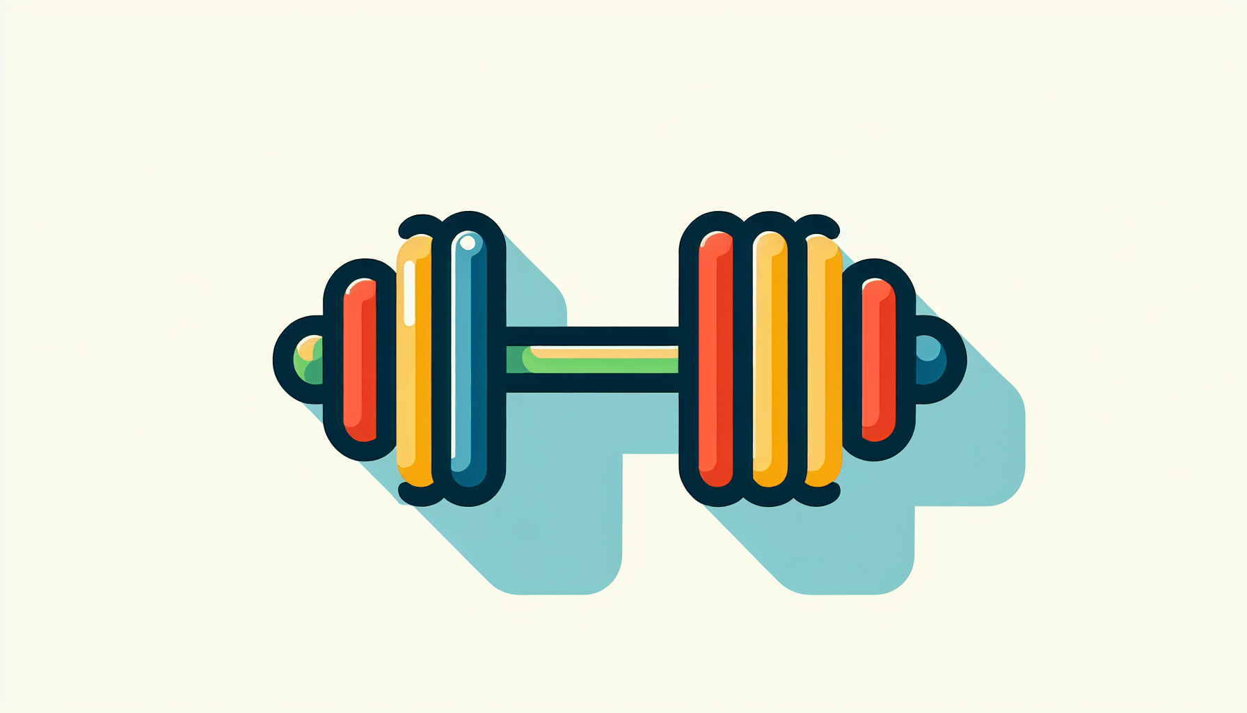 Gym equipment -> Dumbbell in flat illustration style and white background, red #f47574, green #88c7a8, yellow #fcc44b, and blue #645bc8 colors.