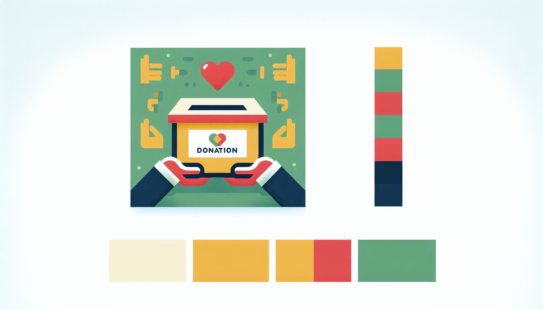 Donation box in flat illustration style and white background, red #f47574, green #88c7a8, yellow #fcc44b, and blue #645bc8 colors.