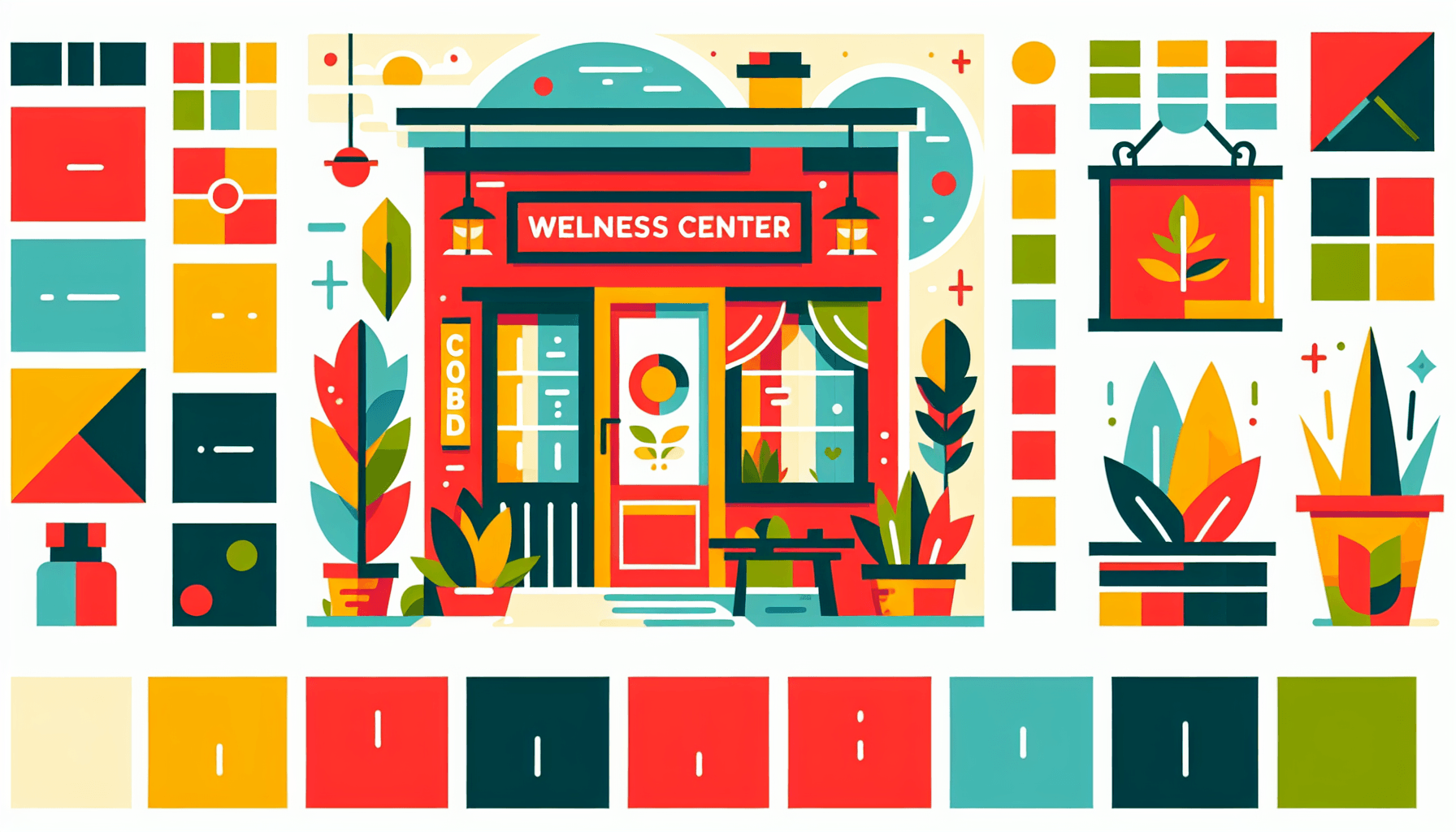Wellness center in flat illustration style and white background, red #f47574, green #88c7a8, yellow #fcc44b, and blue #645bc8 colors.