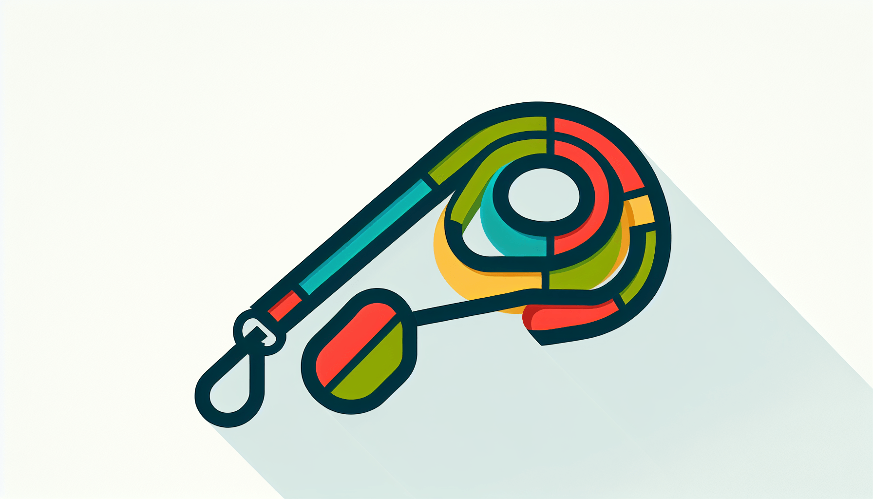Dog leash in flat illustration style and white background, red #f47574, green #88c7a8, yellow #fcc44b, and blue #645bc8 colors.