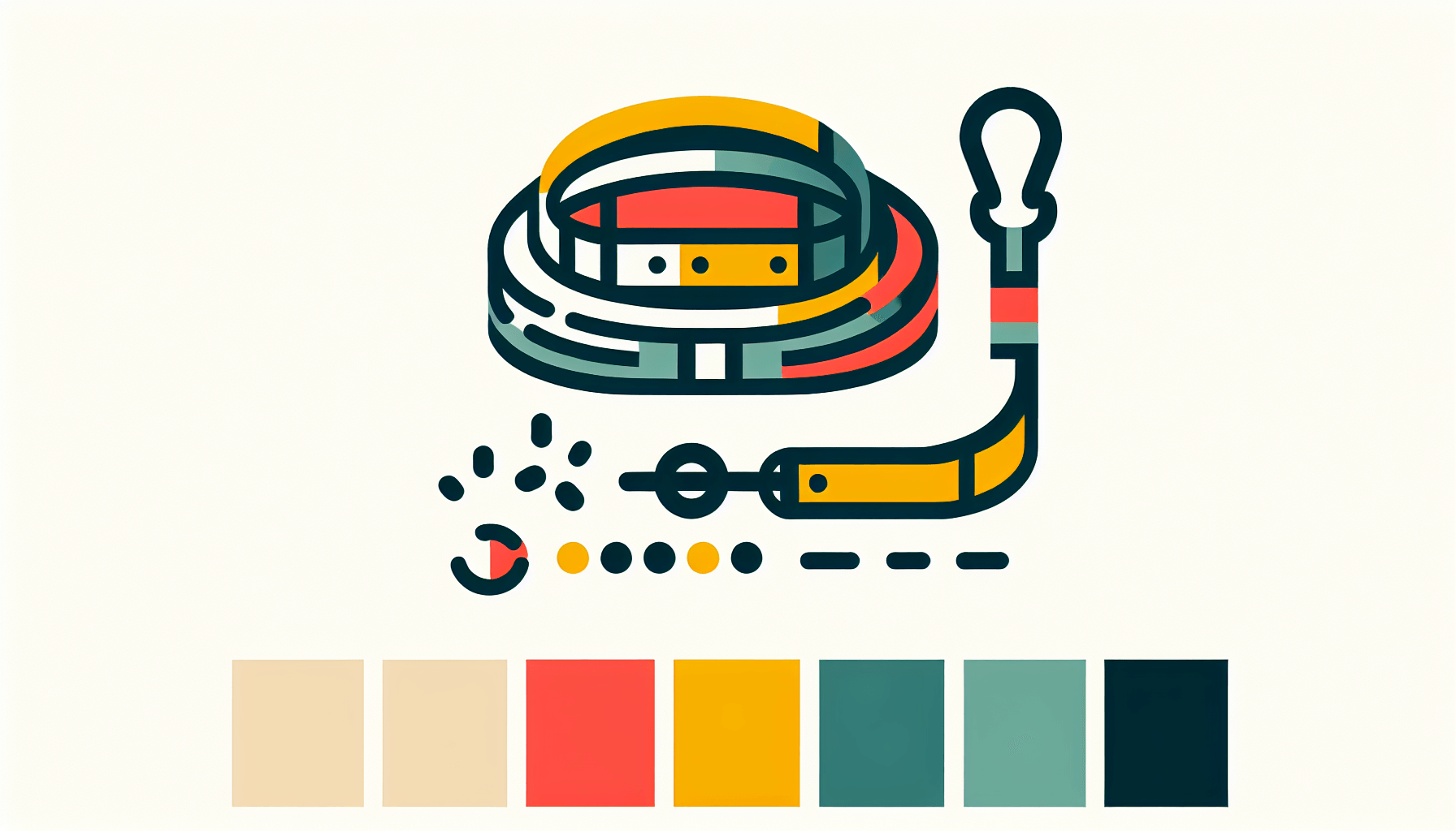 Pet services -> Dog leash in flat illustration style and white background, red #f47574, green #88c7a8, yellow #fcc44b, and blue #645bc8 colors.